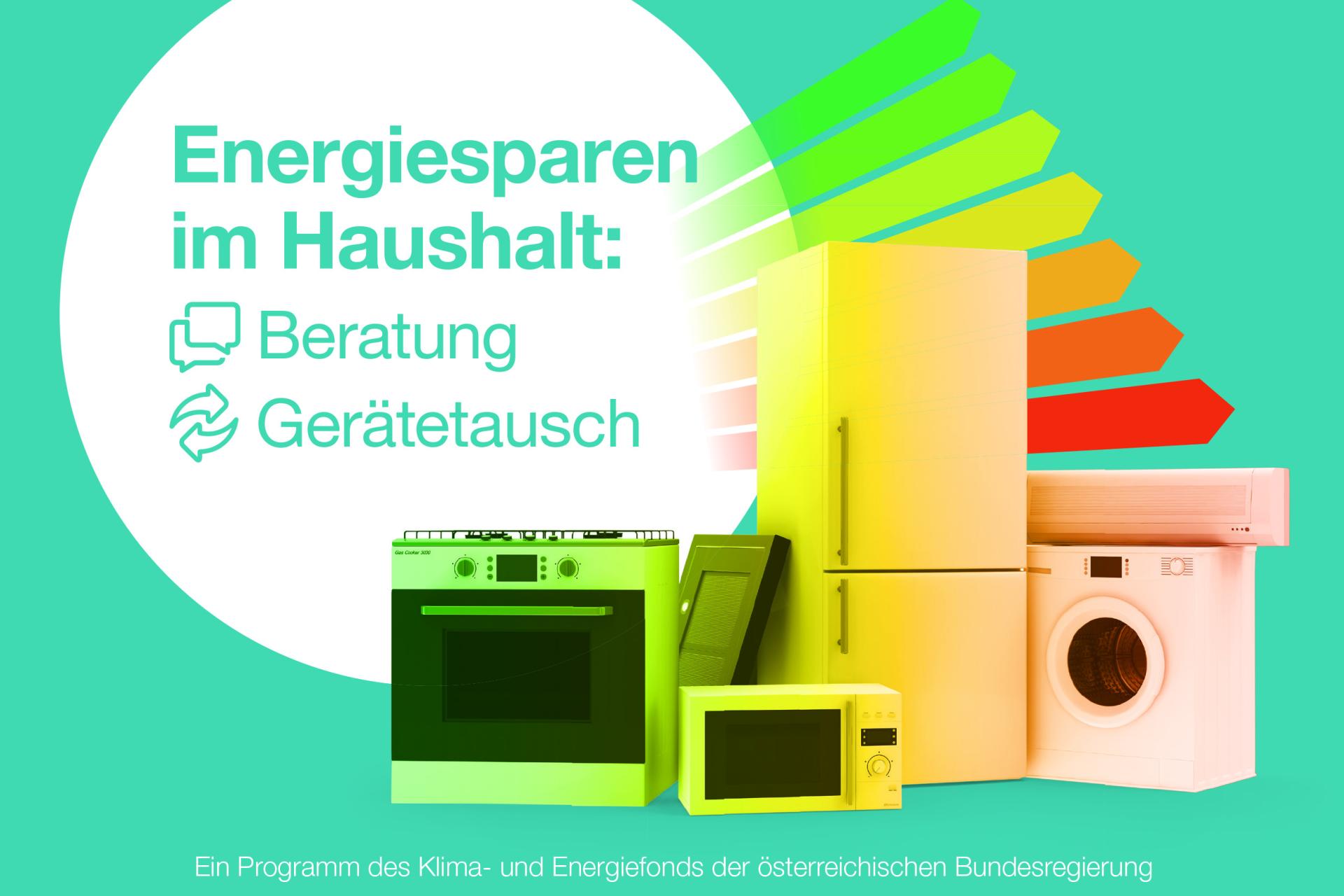 Werbeplakat Energiesparen im Haushalt: Beratung und Gerätetausch; Abbildung: verschiedene Elektrogeräte in bunten Farben