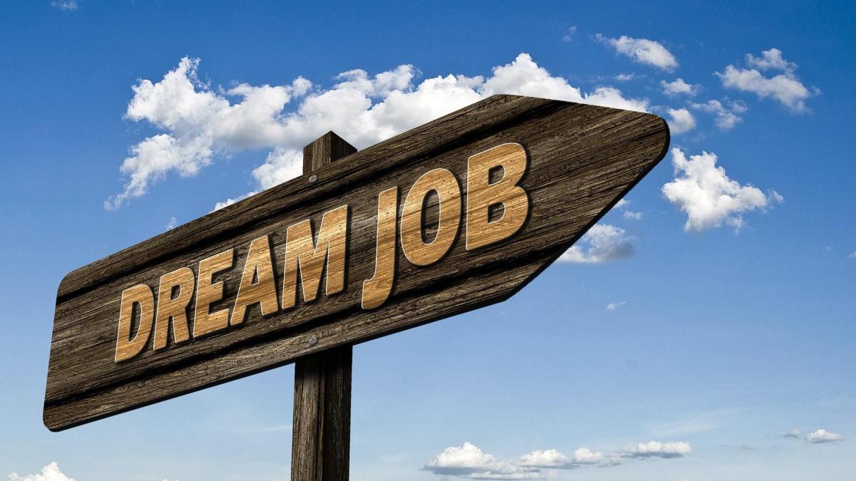 Wegweiser mit Aufschrift "DREAM JOB"