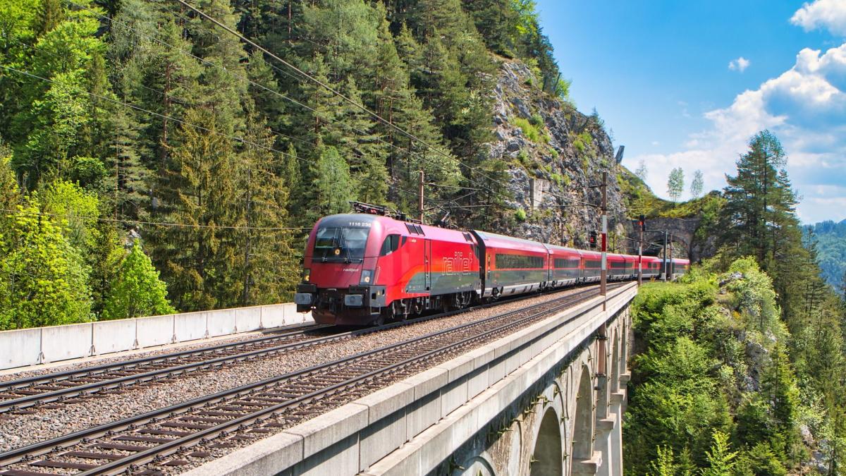 Roter Zug fährt über Brücke, Wald im Hintergrund