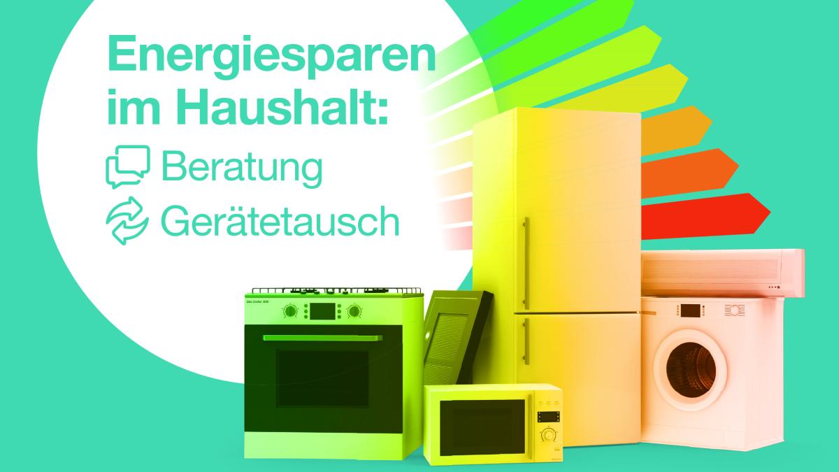 Werbeplakat Energiesparen im Haushalt: Beratung und Gerätetausch; Abbildung: verschiedene Elektrogeräte in bunten Farben